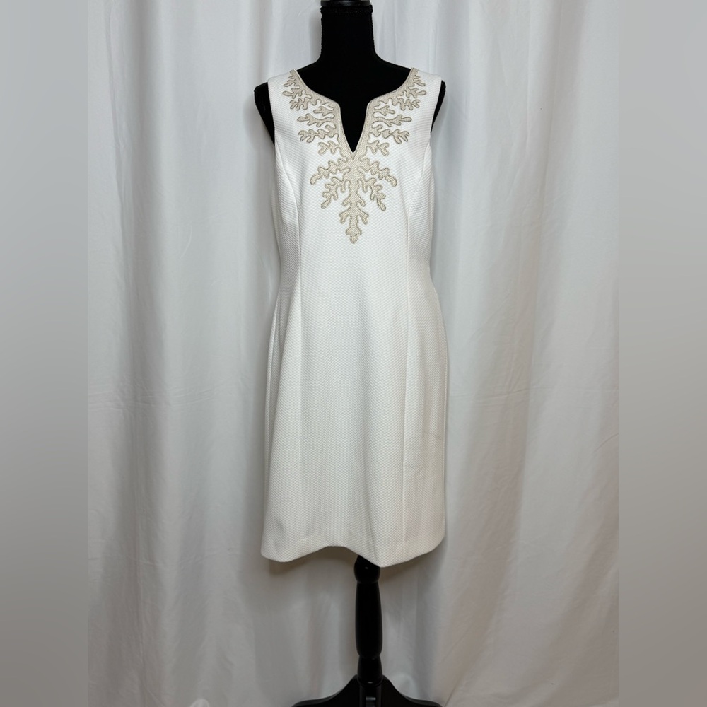 Chic White Midi Dress with Gold Detailing